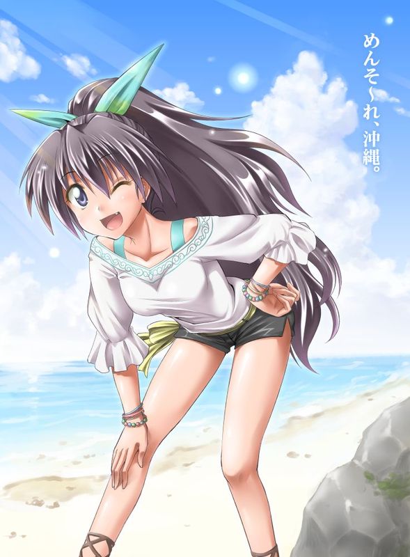 fuugetsu makoto, ganaha hibiki, idolmaster, idolmaster (classic), bad id, bad pixiv id, 00s, 1girl, :d, belt, bent over, black hair, blue eyes, bracelet, cloud, day, dolphin shorts, fang, female focus, hair ribbon, hand on own hip, jewelry, legs, long hair, one eye closed, open mouth, ponytail, ribbon, rock, sandals, short shorts, shorts, sky, smile, solo, very long hair, water, wink