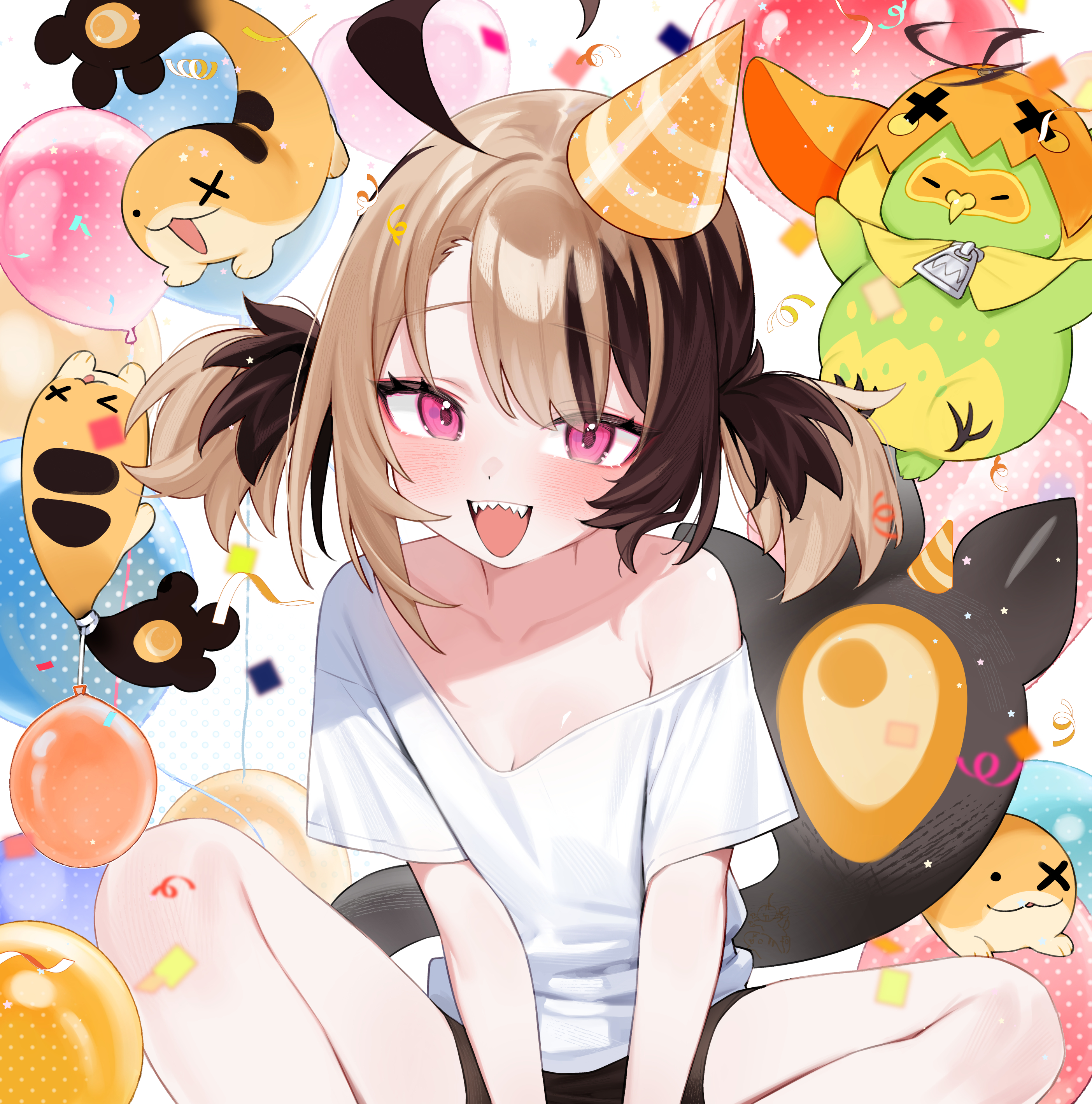 hoshi usagi, gigi murin, grem (gigi murin), popo (gigi murin), hololive, hololive english, absurdres, commentary, highres, 1girl, :d, ahoge, balloon, black shorts, brown hair, confetti, hat, looking at viewer, multicolored hair, open mouth, party hat, pink eyes, sharp teeth, shirt, short hair, short shorts, short sleeves, short twintails, shorts, sitting, smile, solo, tail, teeth, twintails, two-tone hair, upper teeth only, virtual youtuber, white shirt