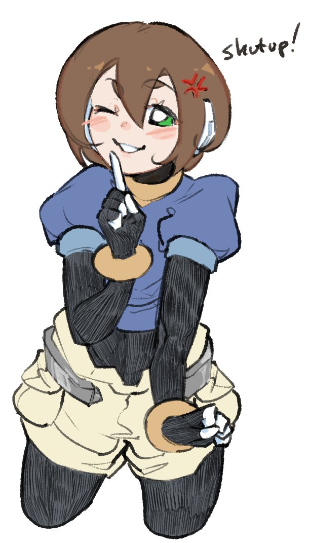 ghosty entity, aile (mega man zx), mega man (series), mega man zx, 1girl, anger vein, blue jacket, blush stickers, bodysuit, bodysuit under clothes, brown hair, cowboy shot, cropped jacket, english text, green eyes, grey background, jacket, one eye closed, robot ears, short hair, shorts, simple background, solo, white shorts