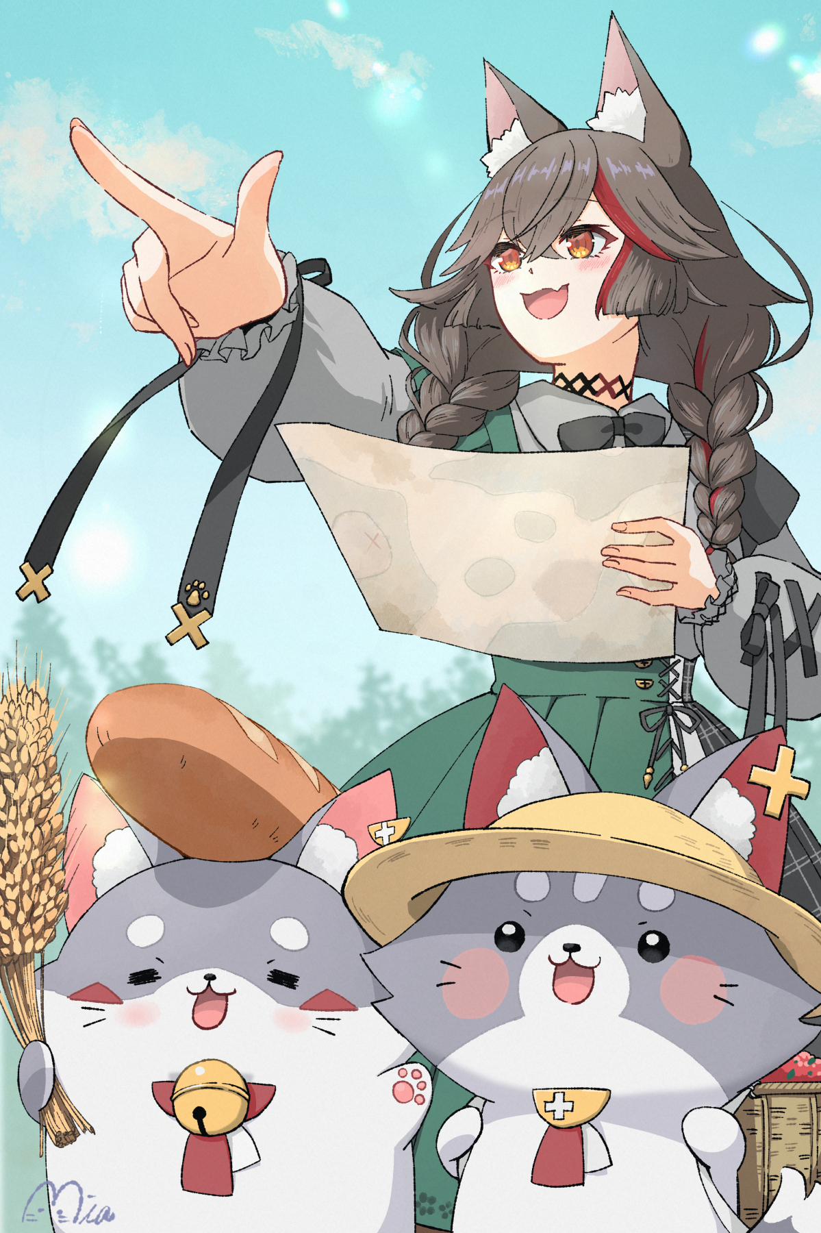 mia960, miofa (ookami mio), ookami mio, ookami mio (8th costume), hololive, commentary request, highres, 1girl, animal ear fluff, animal ears, bag, bell, black bow, black choker, black hair, blue sky, bow, braid, bread, choker, cloud, dress, fang, food, food on head, frilled sleeves, frills, hair ornament, hat, holding, light blush, long hair, long sleeves, multicolored hair, object on head, official alternate costume, official alternate hairstyle, open mouth, paw print, pointing, puffy sleeves, red hair, skin fang, sky, straw hat, twin braids, virtual youtuber, wolf ears, wolf girl