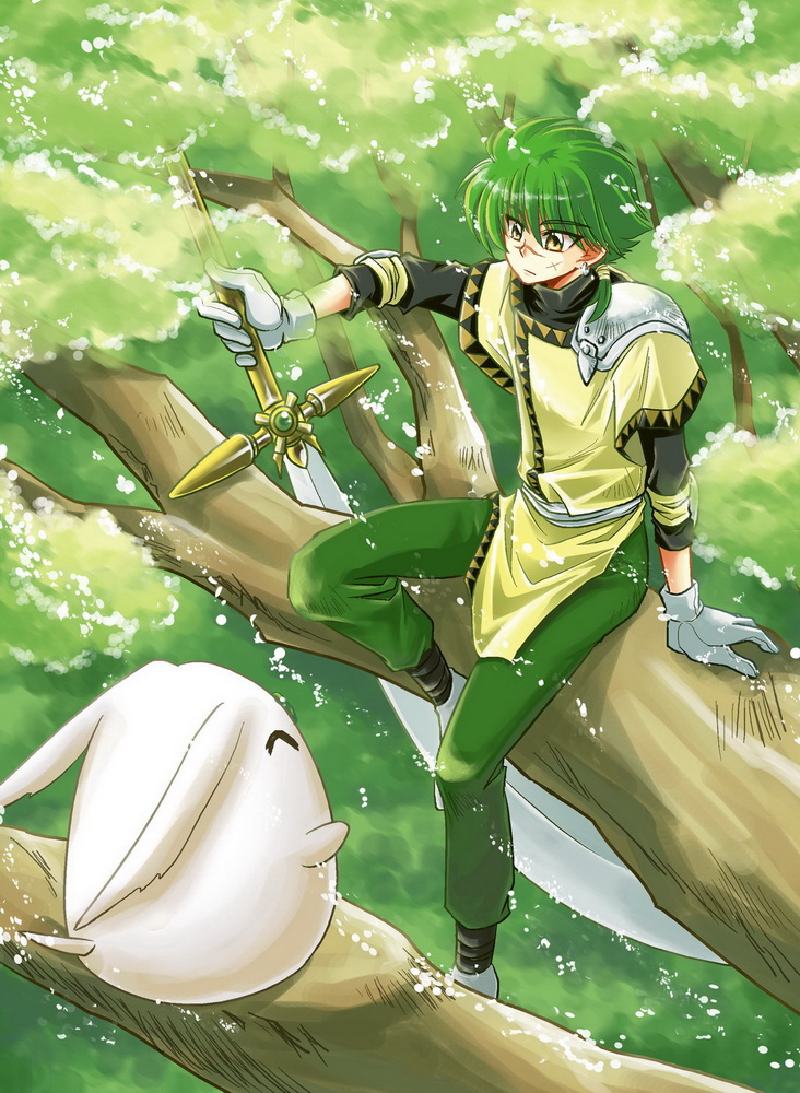 clamp, ferio (rayearth), mokona, magic knight rayearth, 1990s (style), 1boy, armor, forest, gloves, green hair, male focus, nature, outdoors, plant, scar, solo, sword, weapon, yellow eyes