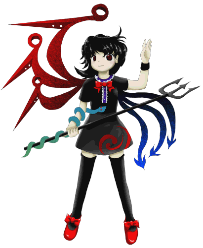 randou, zun (artist), houjuu nue, touhou, undefined fantastic object, lowres, official art, 1girl, black hair, dress, female focus, full body, polearm, red eyes, short hair, snake, solo, standing, thighhighs, transparent background, weapon, wings, zettai ryouiki