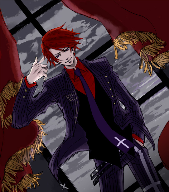 kaoru, black battler, ushiromiya battler, umineko no naku koro ni, bad id, bad pixiv id, 00s, 1boy, alternate costume, finger gun, formal clothes, hand in pocket, jacket, male focus, necktie, pinstripe pattern, pinstripe suit, pinstriped suit, red hair, short hair, smile, solo, suit