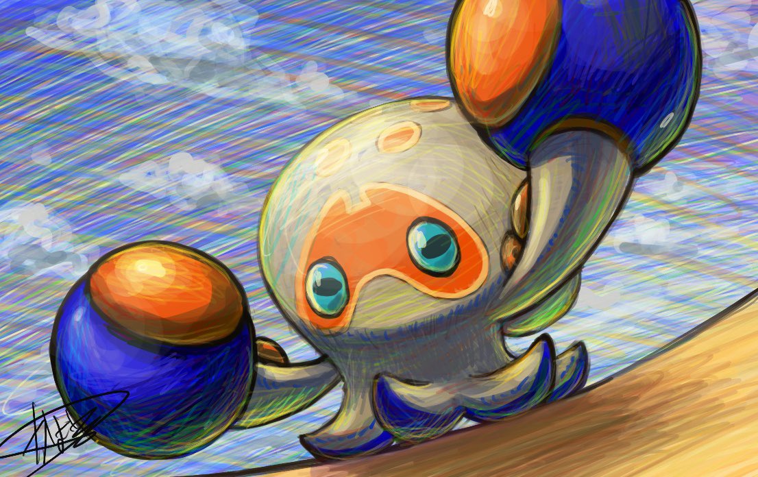 kaosu (kaosu0905), clobbopus, nintendo, pokemon, commentary request, arm up, cloud, full body, gen 8 pokemon, no humans, pokemon (creature), pokemon focus, signature, sky, solo