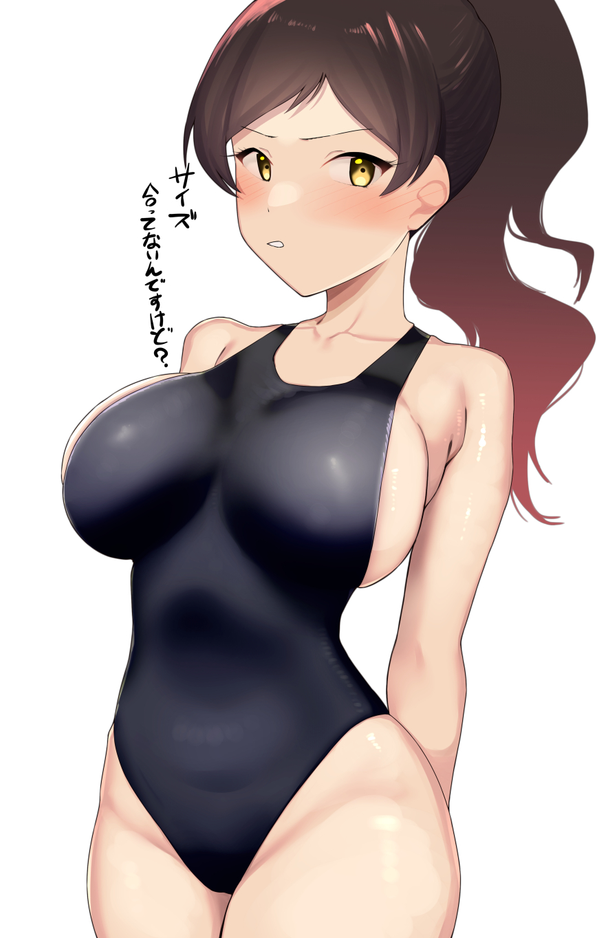 kurozako, kitazawa shiho, idolmaster, idolmaster million live!, commentary request, highres, translation request, 1girl, arms behind back, black one-piece swimsuit, blush, breasts, brown hair, cowboy shot, large breasts, looking at viewer, one-piece swimsuit, ponytail, sideboob, simple background, solo, standing, swimsuit, white background, yellow eyes