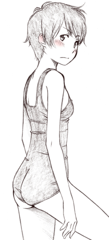 sawa jaaji, takatsuki yoshino, hourou musuko, traditional media, 1girl, androgynous, blush, child, female focus, greyscale, monochrome, one-piece swimsuit, school swimsuit, short hair, sketch, solo, swimsuit