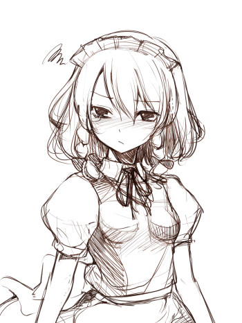 miya9, izayoi sakuya, touhou, lowres, 1girl, annoyed, blush, braid, female focus, frown, greyscale, maid, monochrome, short hair, sketch, solo, tears, twin braids