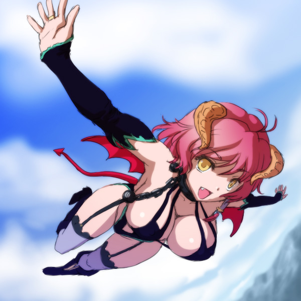 tadano akira, shamsiel shahar, kyonyuu fantasy, lace-trimmed legwear, 10s, 1girl, :d, antenna hair, armpits, bare shoulders, blurry, boots, breasts, bridal gauntlets, chain, cleavage, cloud, collar, day, demon girl, demon tail, demon wings, depth of field, earrings, elbow gloves, fang, fantasy, female focus, flying, foreshortening, full body, garter straps, gloves, grey thighhighs, groin, hair tubes, halterneck, hanging breasts, happy, highleg, highleg leotard, horns, jewelry, knee boots, lace, lace trim, large breasts, leg up, leotard, looking at viewer, mountain, open mouth, outdoors, outstretched arms, pink hair, short hair, sideboob, sidelocks, sketch, sky, smile, solo, spread arms, strap gap, tail, thighhighs, wings, yellow eyes