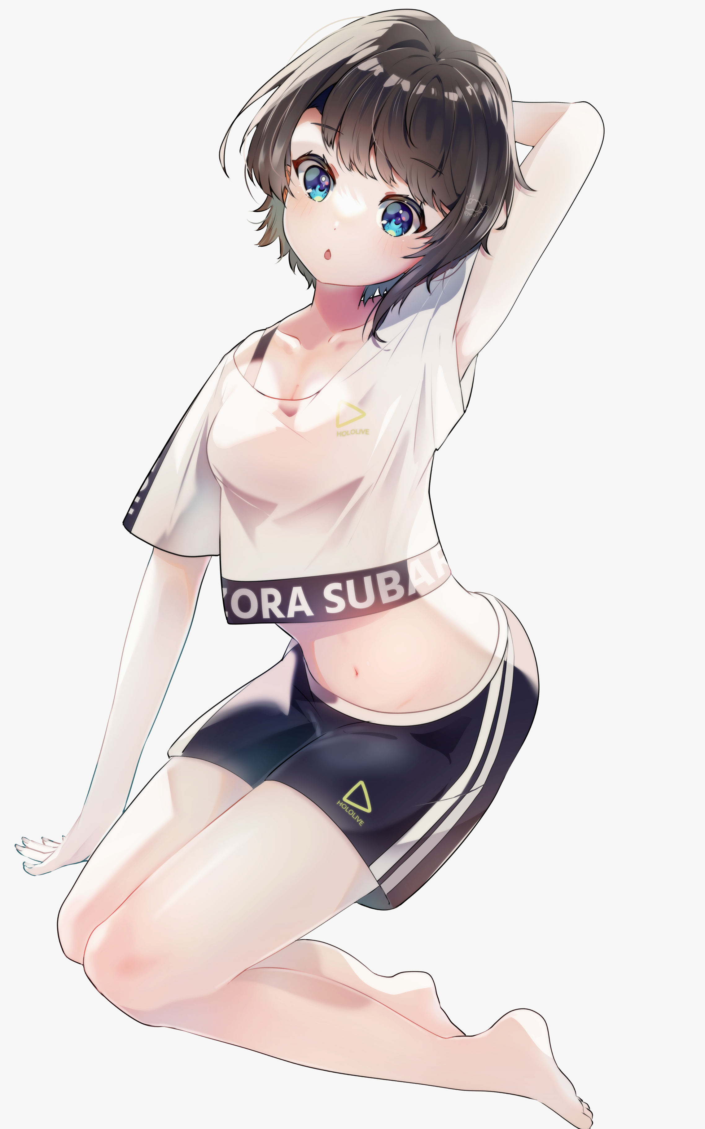 emutakanoe, oozora subaru, hololive, absurdres, commentary request, highres, 1girl, arm behind head, arm up, black shorts, blue eyes, blush, breasts, brown hair, hololive dance practice uniform, looking at viewer, medium breasts, medium hair, navel, official alternate costume, open mouth, shirt, shorts, virtual youtuber, white shirt