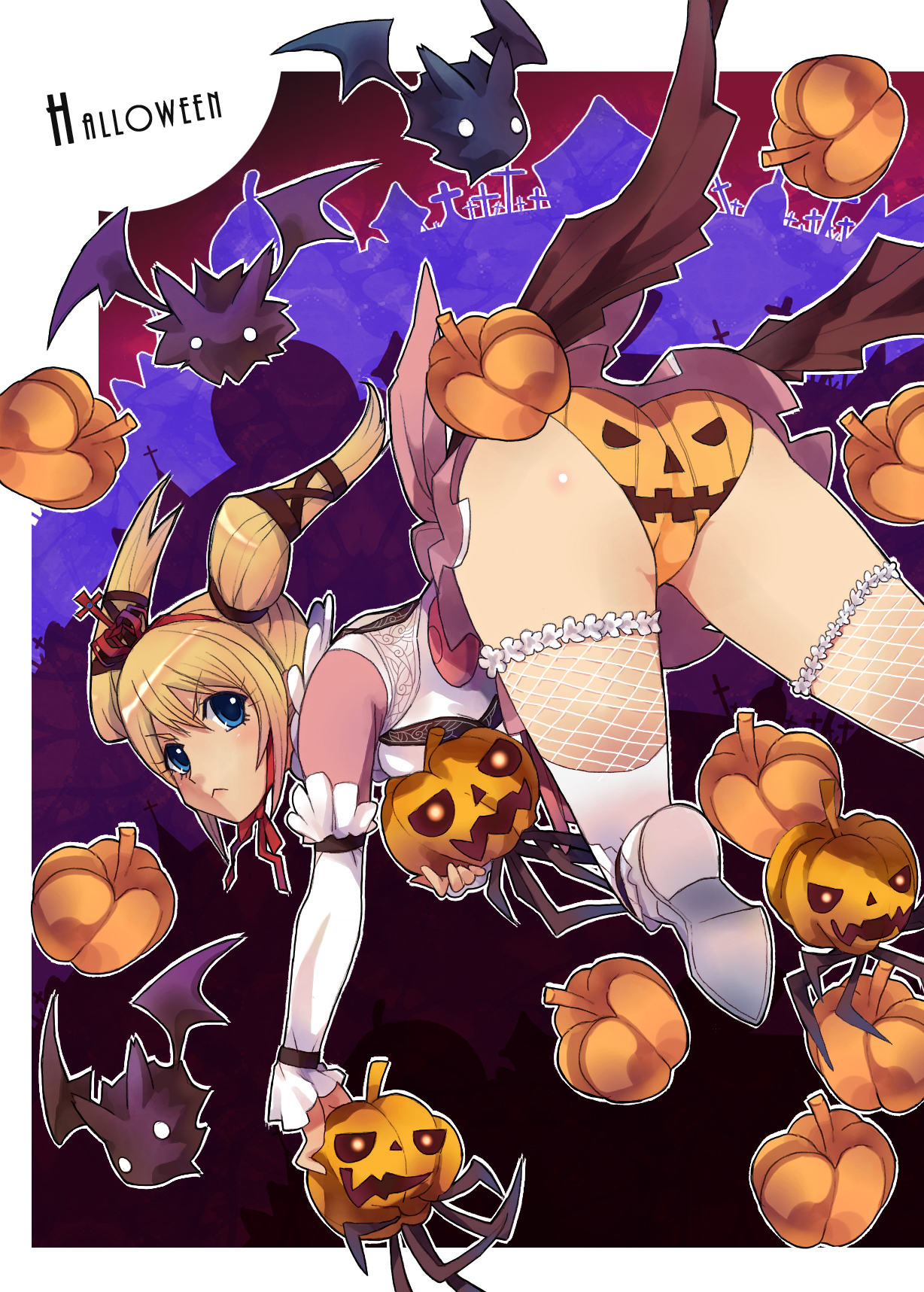 caee penguin, claire (granado espada), granado espada, original, bad id, bad pixiv id, highres, 1girl, :<, ass, bat (animal), blonde hair, female focus, fishnets, halloween, jack-o'-lantern, panties, print panties, pumpkin, solo, thighhighs, trefoil, twintails, underwear