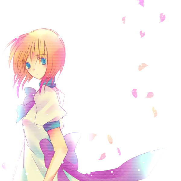 amazuki jou, ryuuguu rena, higurashi no naku koro ni, bad id, bad pixiv id, 00s, 1girl, blue eyes, dress, female focus, orange hair, petals, short hair, solo, white background