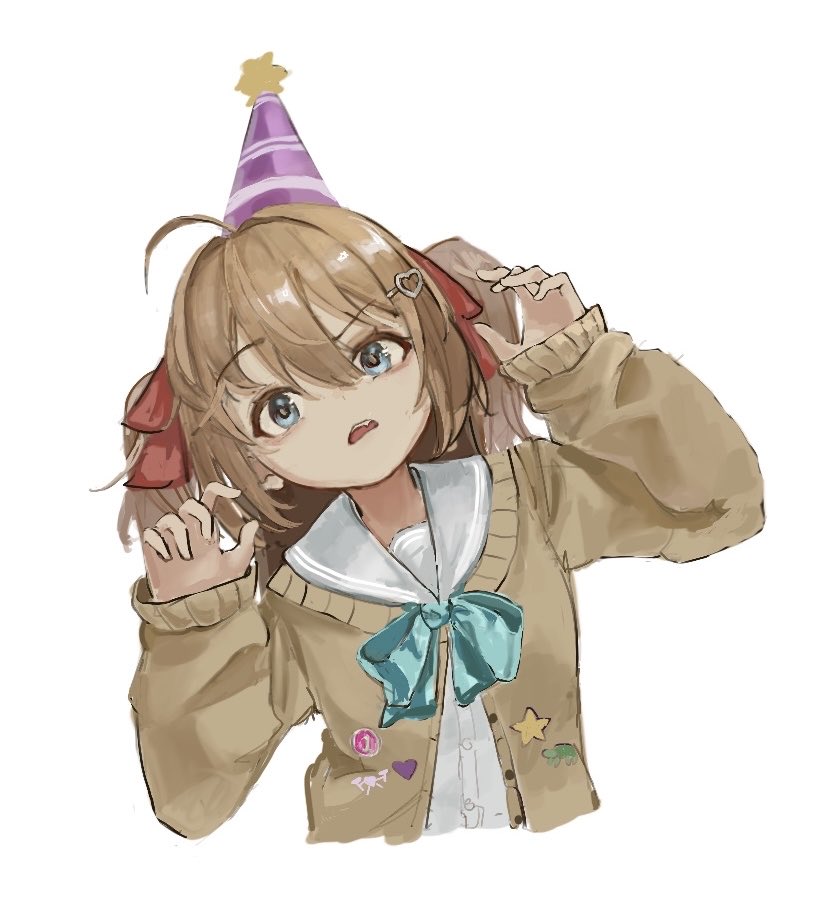 kabujinuo, neuro-sama, commentary, english commentary, 1girl, ahoge, arms up, blue eyes, blue sailor collar, brown hair, cardigan, cropped torso, from side, hair between eyes, hair ornament, hair ribbon, hat, heart, heart hair ornament, long hair, long sleeves, open mouth, party hat, red ribbon, ribbon, sailor collar, shirt, simple background, solo, upper body, vedal ai, virtual youtuber, white background, white shirt, yellow cardigan