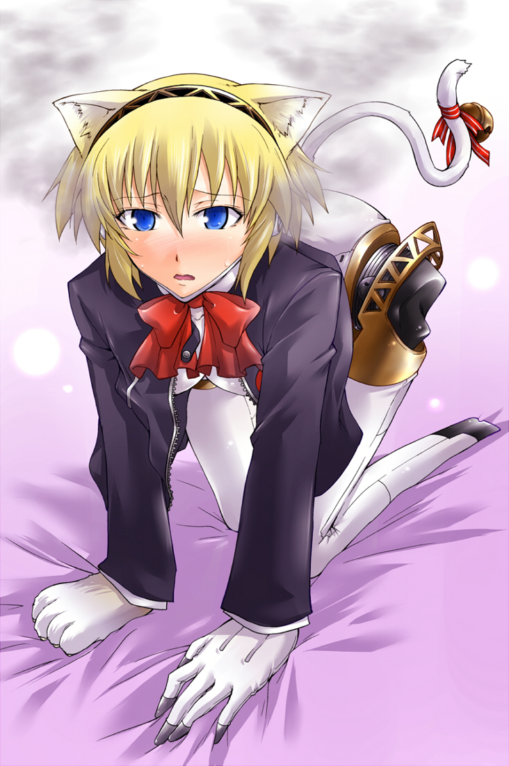 segami daisuke, aigis (persona), atlus, persona, persona 3, 1girl, all fours, android, animal ears, bell, blazer, blonde hair, blue eyes, blush, cat ears, cat girl, cat tail, female focus, gradient background, jacket, jingle bell, kemonomimi mode, ribbon, short hair, smoke, solo, tail, tail bell, tail ornament, tail ribbon