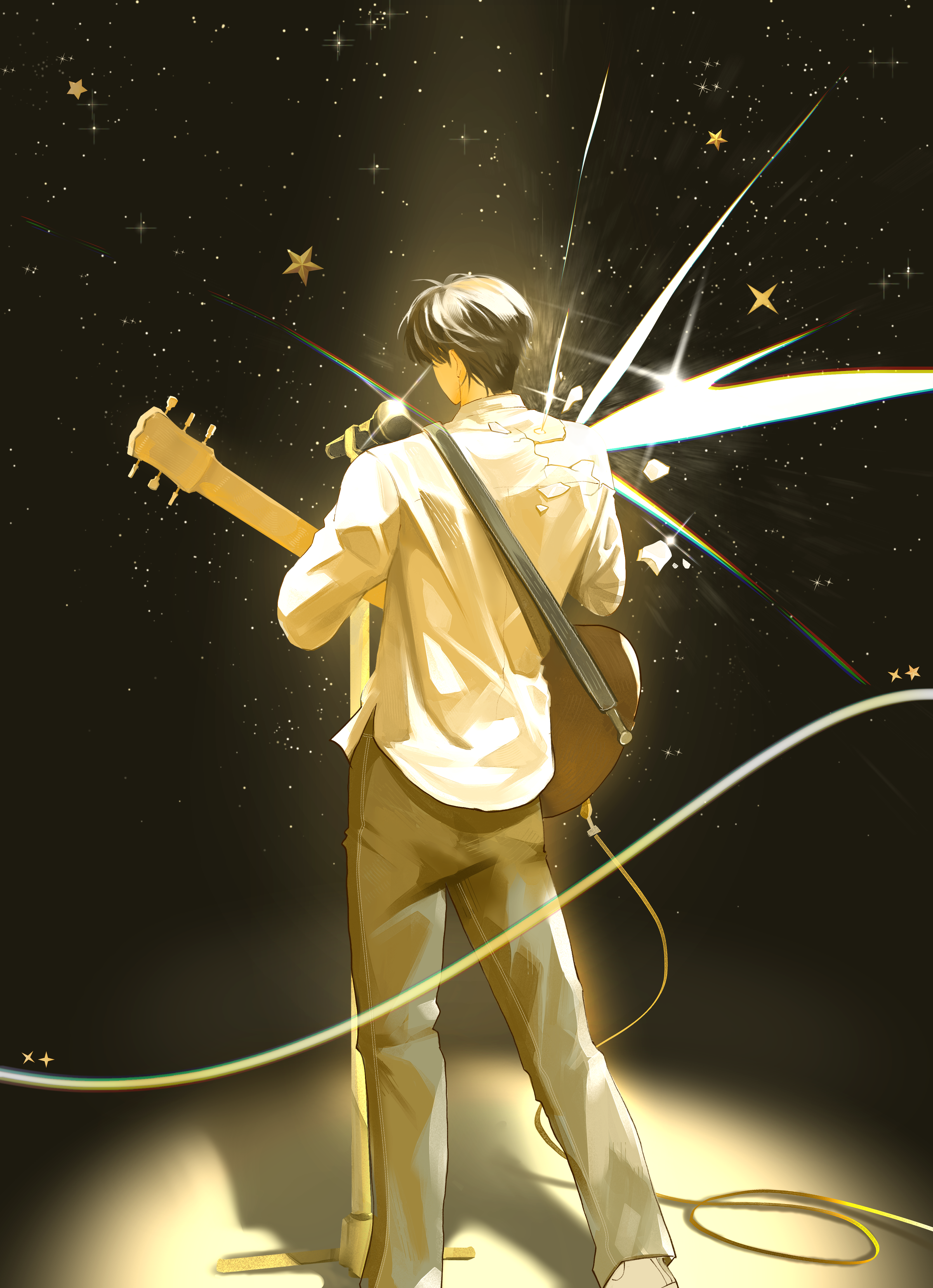 original, absurdres, highres, 1boy, black hair, crack, glint, guitar, instrument, microphone, microphone stand, mumovv, pants, shirt, solo, sparkle, standing, white shirt