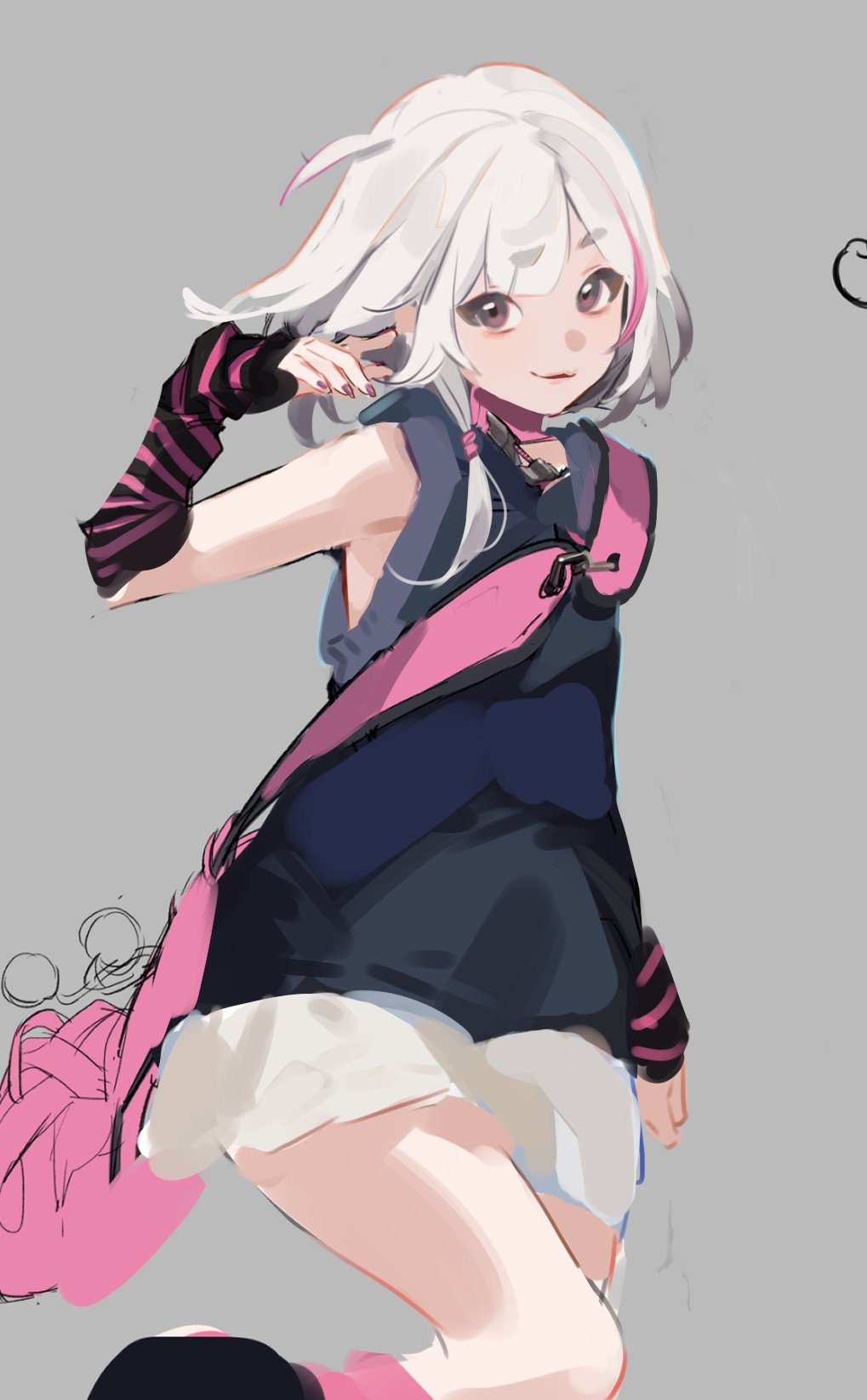 yi shin jian, character request, commentary, copyright request, highres, unfinished, 1girl, arm at side, bag, black arm warmers, black tank top, closed mouth, cowboy shot, grey background, hand up, looking at viewer, multicolored hair, nail polish, parted lips, pink bag, pink streaks, purple nails, short hair, short shorts, shorts, shoulder bag, simple background, smile, solo, standing, standing on one leg, streaked hair, striped arm warmers, tank top, white hair, white shorts