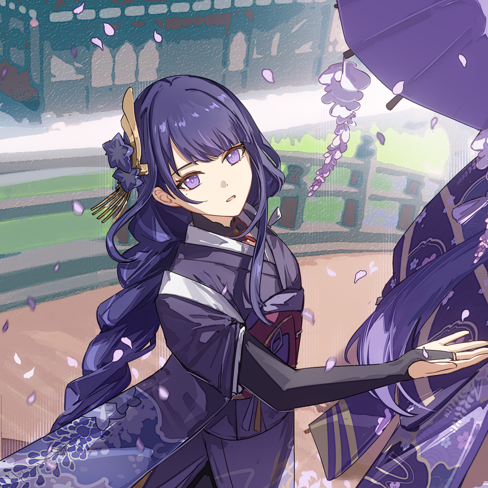 yiyiyiyi670, raiden shogun, genshin impact, chinese commentary, commentary request, highres, 1girl, blue pupils, blunt bangs, blurry, blurry background, braid, falling petals, flower, flower ornament, from side, hair ornament, head tilt, holding, holding umbrella, japanese clothes, kimono, long braid, long hair, looking at viewer, looking to the side, mole, mole under eye, multicolored eyes, multicolored hair, official alternate costume, oil-paper umbrella, open mouth, outdoors, petals, purple eyes, purple kimono, red sash, sash, single braid, solo, standing, streaked hair, umbrella, upper body, wisteria