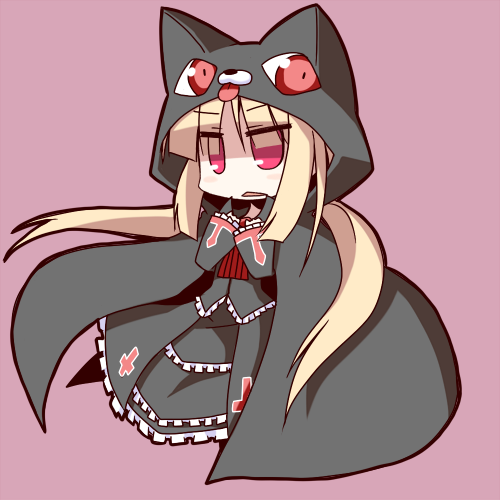 nanateru, renkonan, nago, rachel alucard, arc system works, blazblue, lowres, 1girl, blonde hair, chibi, female focus, full body, goth fashion, lolita fashion, red eyes, simple background, solo, twintails