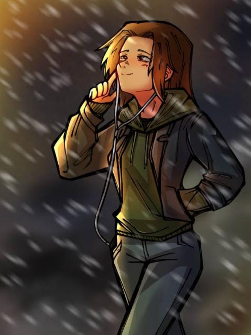 blue jacket, blue pants, brown hair, denim, ears visible through hair, green hoodie, headphones, headphones around neck, hoodie, jacket, jeans, pants, rain