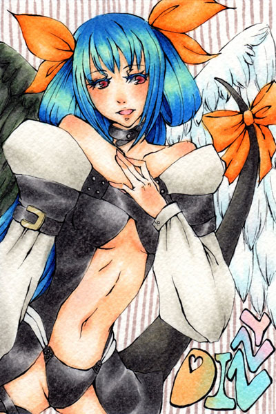 dizzy (guilty gear), arc system works, guilty gear, 1girl, asymmetrical wings, blue hair, breasts, choker, cleavage, female focus, midriff, red eyes, ribbon, solo, tail, tail ornament, tail ribbon, wings