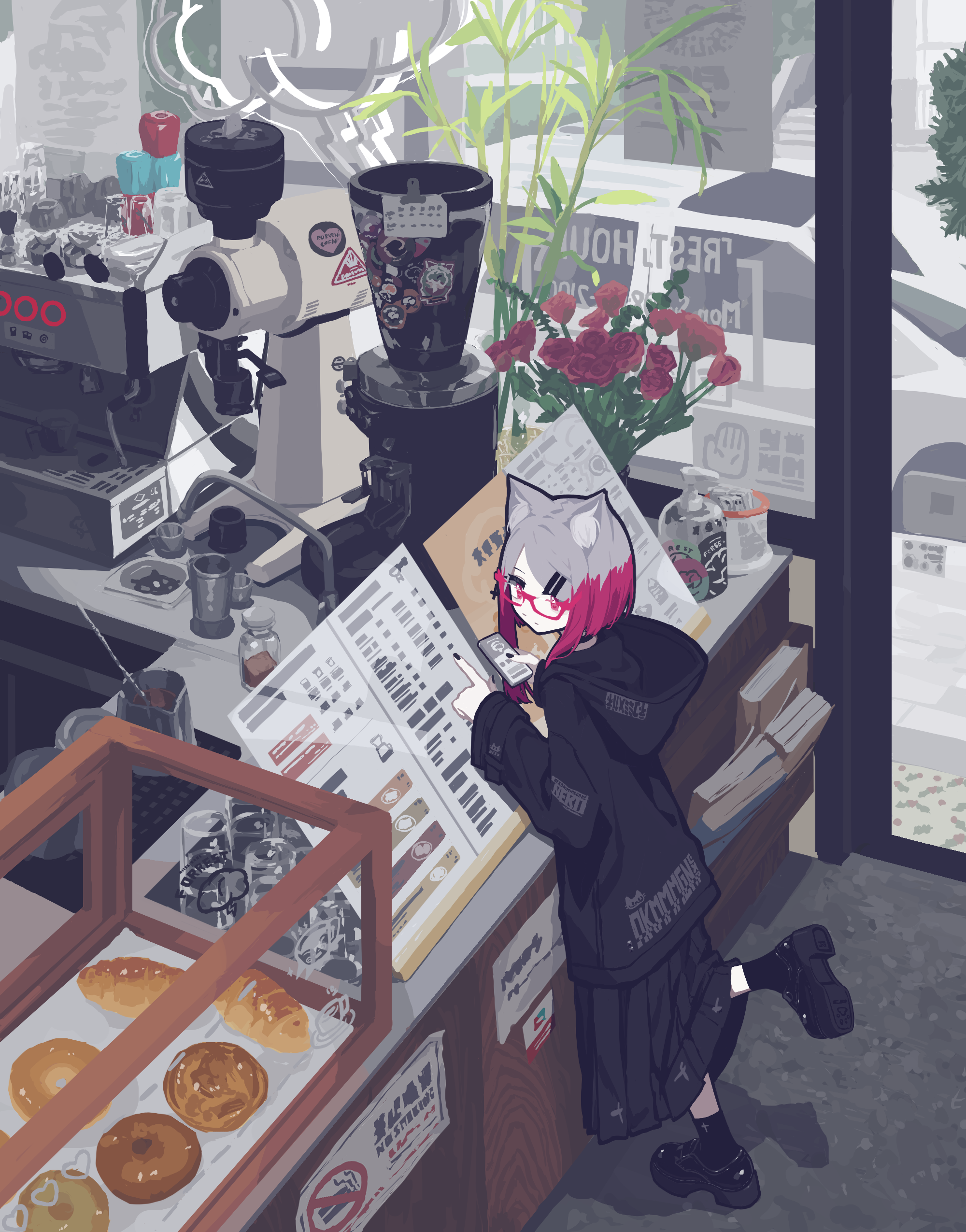 papaia (quentingqoo), original, absurdres, commentary, highres, 1girl, animal ear fluff, animal ears, bagel, bamboo, black hoodie, black nails, black shoes, black skirt, black socks, bob cut, bouquet, bread, cafe, car, cat ears, cat girl, cellphone, closed mouth, clothes writing, coffee, counter, cup, display case, door, dot mouth, drinking glass, espresso machine, flower, food, from above, full body, glasses, grey hair, hair ornament, hairclip, hand sanitizer, holding, holding phone, hood, hood down, hoodie, indoors, long sleeves, looking to the side, menu, motor vehicle, mug, multicolored hair, parallel hairclips, phone, pink-and-grey-haired catgirl (papaia (quentingqoo)), pink eyes, pink hair, pitcher (container), pointing, red-framed eyewear, rose, semi-rimless eyewear, shoes, short hair, skirt, smartphone, socks, solo, sports utility vehicle, sticker, swept bangs, tip jar, two-tone hair, under-rim eyewear, window