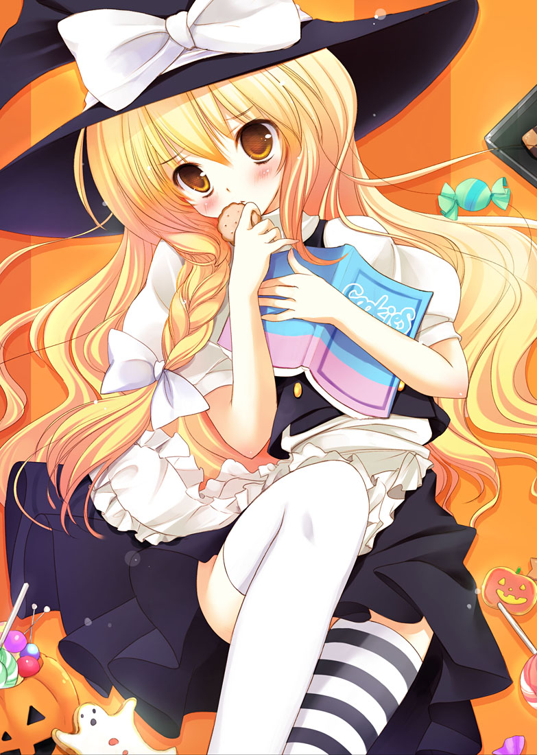 mamita, kirisame marisa, touhou, 1girl, asymmetrical legwear, blonde hair, blush, book, braid, candy, cookie, female focus, food, hair ribbon, halloween, hat, jack-o'-lantern, long hair, mismatched legwear, pumpkin, ribbon, solo, striped clothes, striped thighhighs, thighhighs, white theme, witch, witch hat, yellow eyes