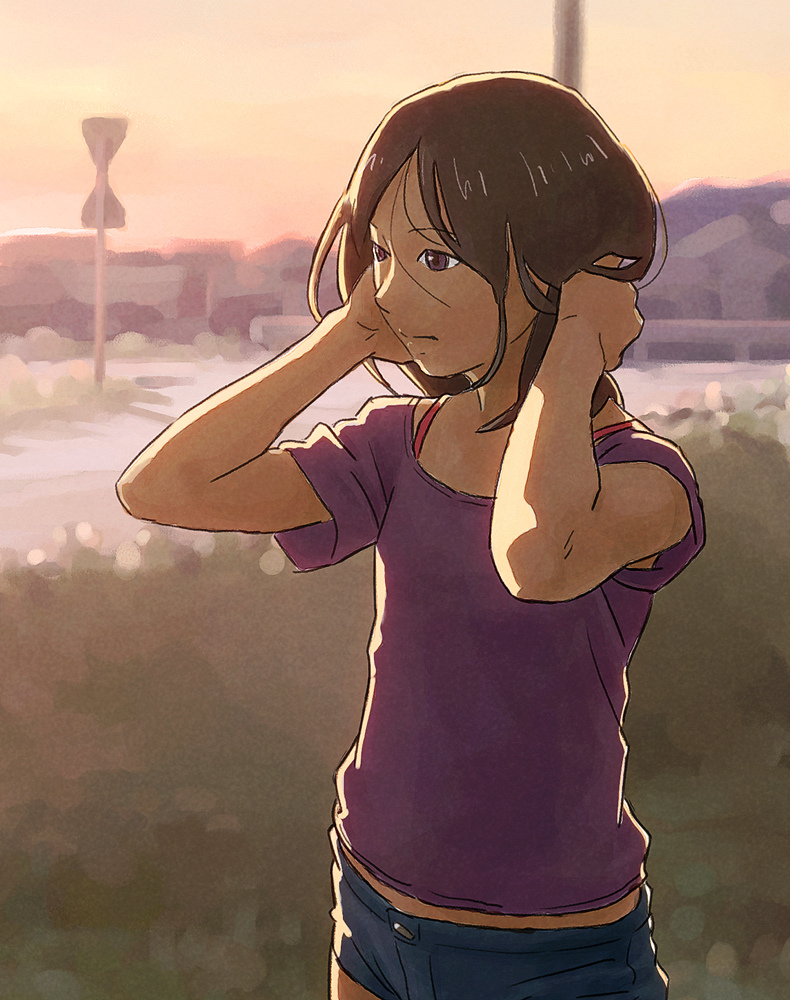 tnt (aaaazzzz), original, looking away, 1girl, adjusting hair, armpit peek, arms up, black hair, brown eyes, brown hair, evening, female focus, flat chest, outdoors, red sky, shirt, short hair, shorts, sky, solo, standing, summer, t-shirt