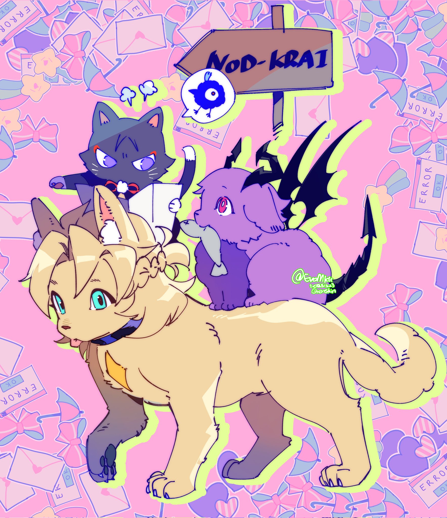 eromkk, albedo (genshin impact), durin (genshin impact), scaramouche (cat) (genshin impact), scaramouche (genshin impact), wanderer (genshin impact), genshin impact, hashtag-only commentary, highres, animal ears, animal hands, blue eyes, braid, cat, cat paws, collar, dog, fish, holding, holding paper, horns, paper, pink eyes, ponytail, purple eyes, short ponytail, sign, tail, tongue, tongue out, watermark, wings, writing