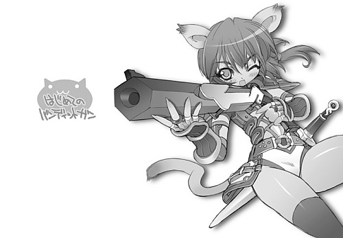 blade (galaxist), original, lowres, 1girl, aiming, animal ears, cat ears, cat girl, cat tail, female focus, greyscale, gun, holding, holding gun, holding weapon, monochrome, one eye closed, open mouth, sheath, sheathed, simple background, solo, sword, tail, thighhighs, weapon, white background, wide sleeves, wink