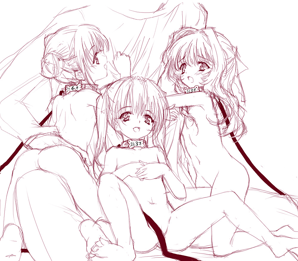 q azieru, original, 1boy, 3girls, age difference, ass, barefoot, censored, clothed male nude female, collar, convenient censoring, double bun, feet, flat chest, hair bun, hair ribbon, leash, loli, long hair, looking at viewer, monochrome, multiple girls, navel, nude, open mouth, ribbon, simple background, sitting, size difference, sketch, slave, smile, spread legs, straddling, thigh straddling, thighs, twintails, white background