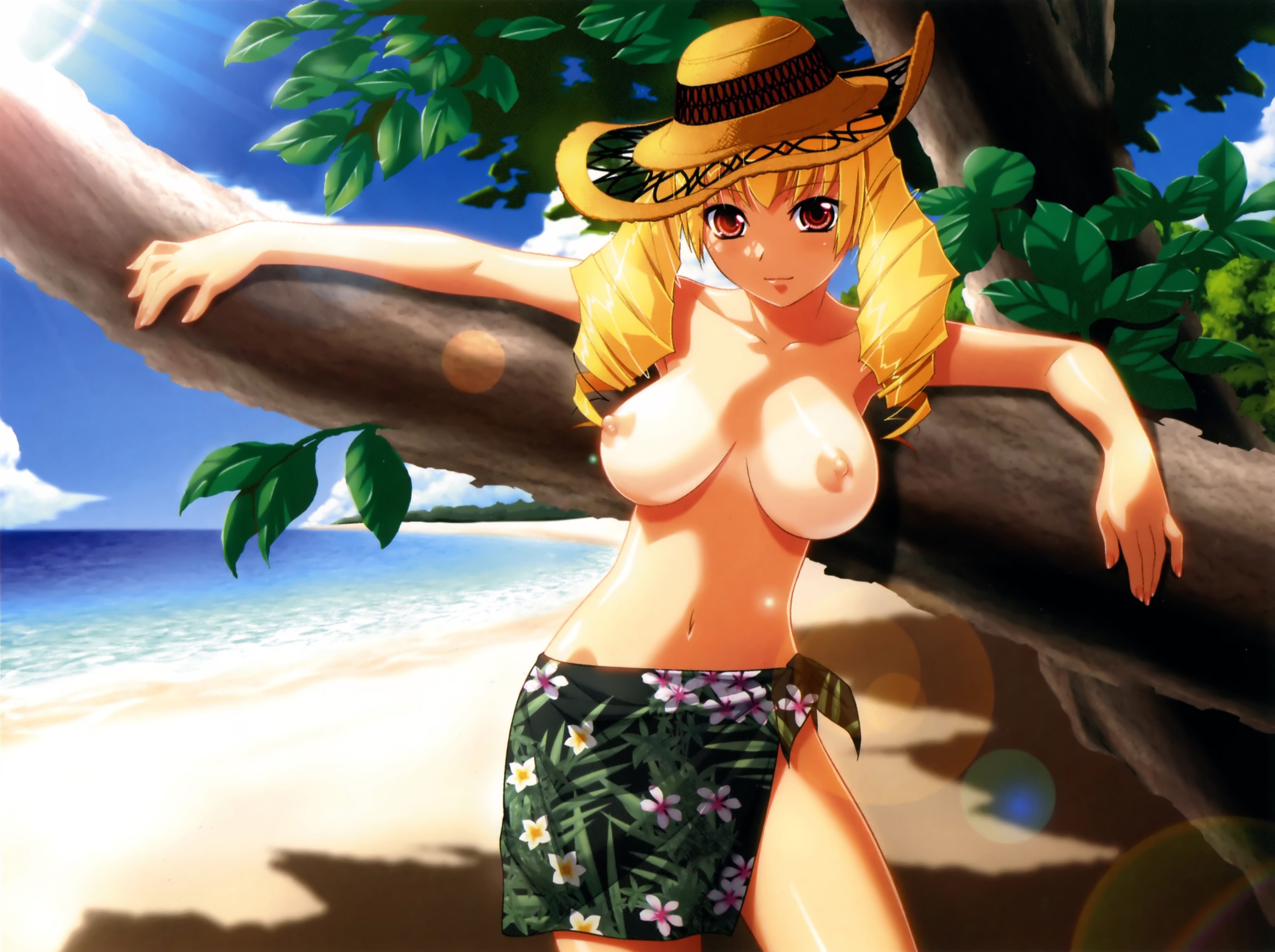 ino (magloid), shinmeiji rinn, oshioki sweetie, absurdres, highres, 1girl, against tree, beach, bikini, bikini tan, blonde hair, breasts, breasts apart, cloud, day, drill hair, female focus, floral print, hat, large breasts, leaf, lens flare, light rays, long hair, navel, nipples, ocean, outdoors, outstretched arms, red eyes, sarong, shadow, shiny skin, sky, smile, solo, spread arms, sun, sun hat, sunbeam, sunlight, swimsuit, tan, tanline, topfreedom, topless female, tree, twin drills, twintails, water