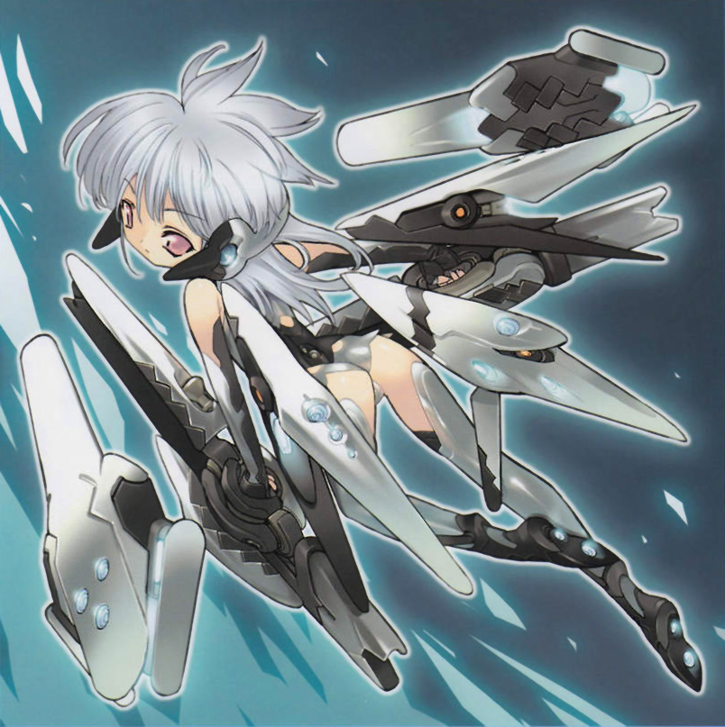 blade (galaxist), original, 1girl, albino, ass, female focus, flying, looking back, mecha musume, outline, purple eyes, short hair, solo
