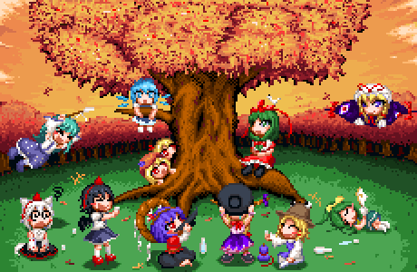 pedoroiya, aki minoriko, aki shizuha, cirno, daiyousei, ibuki suika, inubashiri momiji, kagiyama hina, kochiya sanae, moriya suwako, shameimaru aya, yakumo yukari, yasaka kanako, mountain of faith, touhou, bad id, bad pixiv id, lowres, > <, 6+girls, :d, @ @, alcohol, animal ears, autumn, autumn leaves, black hair, black wings, blonde hair, blue eyes, blue hair, blush, bottle, bow, chibi, closed eyes, cup, dress, drinking, flying, front ponytail, gohei, gourd, green eyes, green hair, hair bow, hair ornament, hair ribbon, hat, leaf, long hair, lying, multiple girls, open mouth, pixel art, red dress, red eyes, ribbon, rope, sakazuki, sake, shimenawa, short hair, sitting, smile, tail, tree, white hair, wings, wolf ears, wolf tail, xd