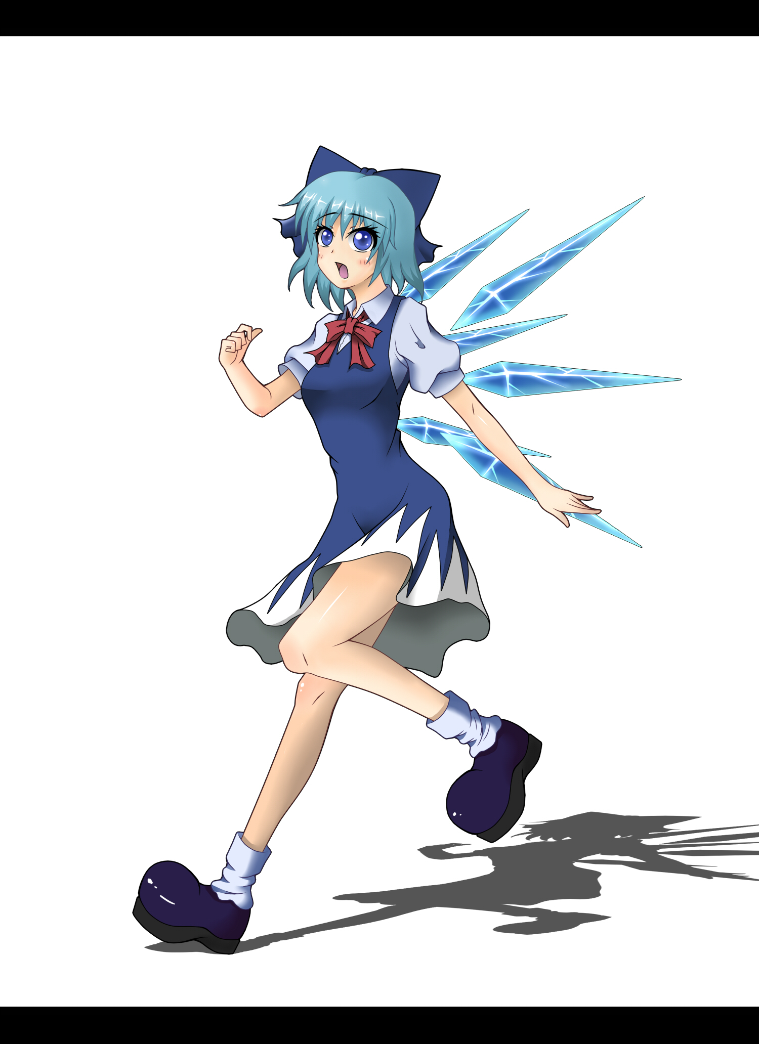 simamo, cirno, embodiment of scarlet devil, touhou, highres, 1girl, blue eyes, blue hair, blush, bow, dress, female focus, full body, hair bow, letterboxed, matching hair/eyes, ribbon, short hair, solo, white background, wings