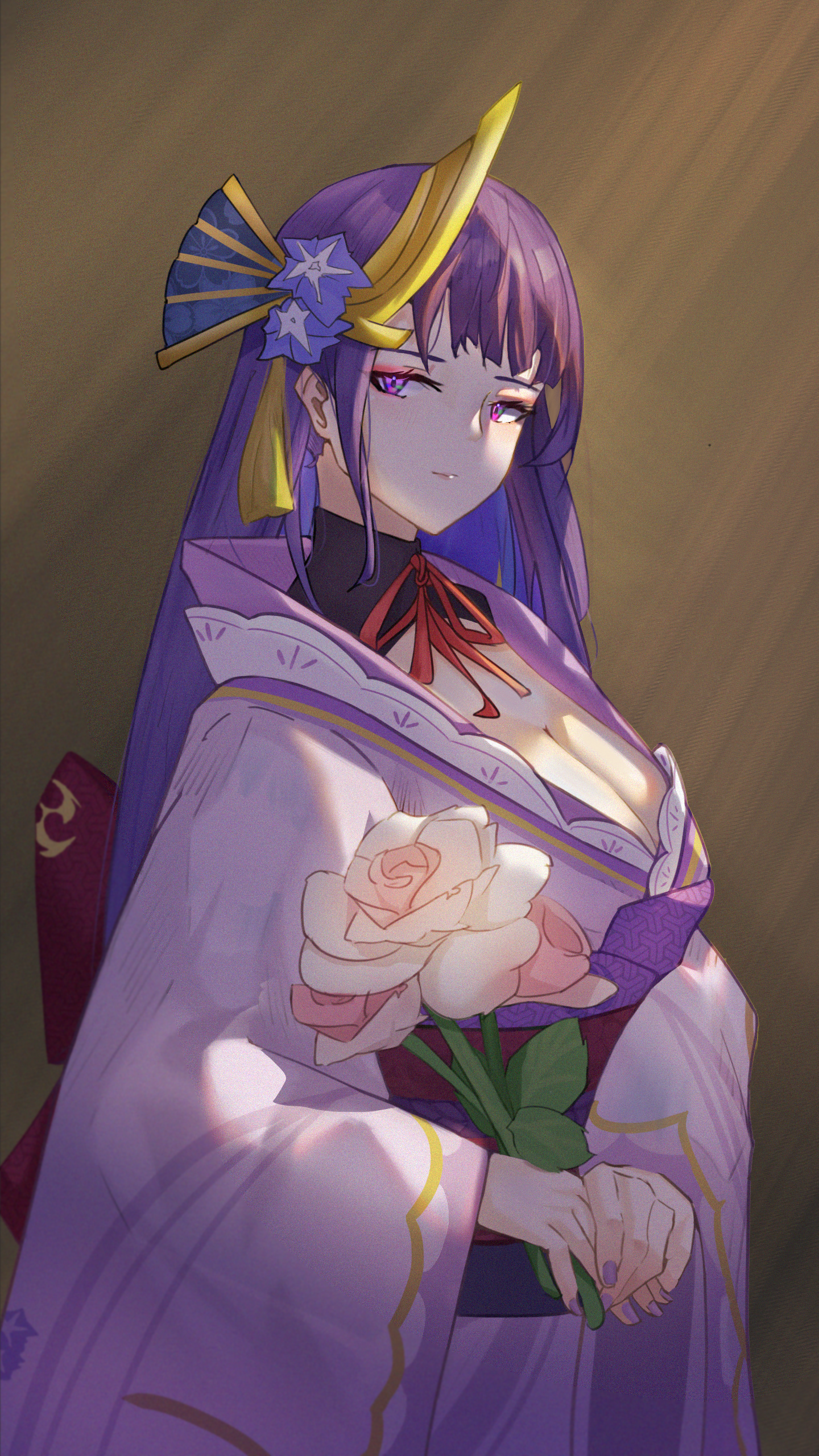 kirin (kirin26497823), raiden shogun, genshin impact, absurdres, commentary request, highres, 1girl, alternate costume, back bow, bow, breasts, brown background, cleavage, closed mouth, electro symbol (genshin impact), eyeliner, eyeshadow, fan hair ornament, flower, flower ornament, hat, hat flower, holding, huge breasts, japanese clothes, kimono, long sleeves, looking at viewer, looking to the side, makeup, mitsudomoe (shape), neck ribbon, purple eyes, purple kimono, purple nails, red eyeliner, red eyeshadow, red ribbon, red sash, ribbon, sash, shade, solo, tomoe (symbol), wide sleeves