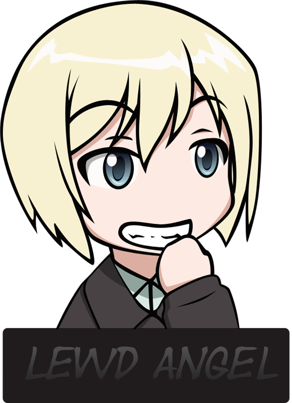 erica hartmann, strike witches, world witches series, derivative work, highres, vector trace, 00s, 1girl, blonde hair, blue eyes, chibi, english text, female focus, grin, short hair, smile, solo, transparent
