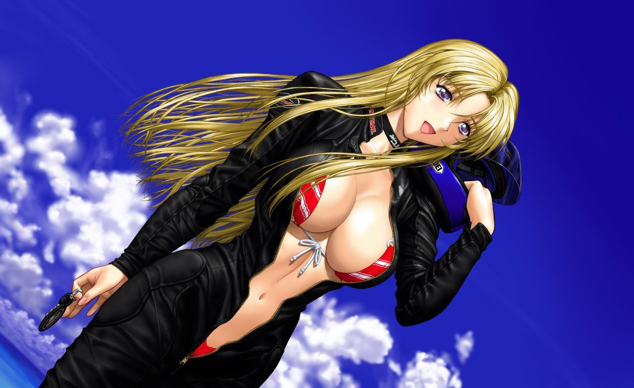 yumenosuke, jane, jane (yumenosuke), original, 1girl, biker clothes, bikesuit, bikini, bikini under clothes, blonde hair, bodysuit, breasts, charm (object), choker, cleavage, cloud, day, dutch angle, female focus, front-tie top, helmet, large breasts, long hair, navel, open bodysuit, open clothes, outdoors, purple eyes, sky, solo, swimsuit, swimsuit under clothes, unzipped, water