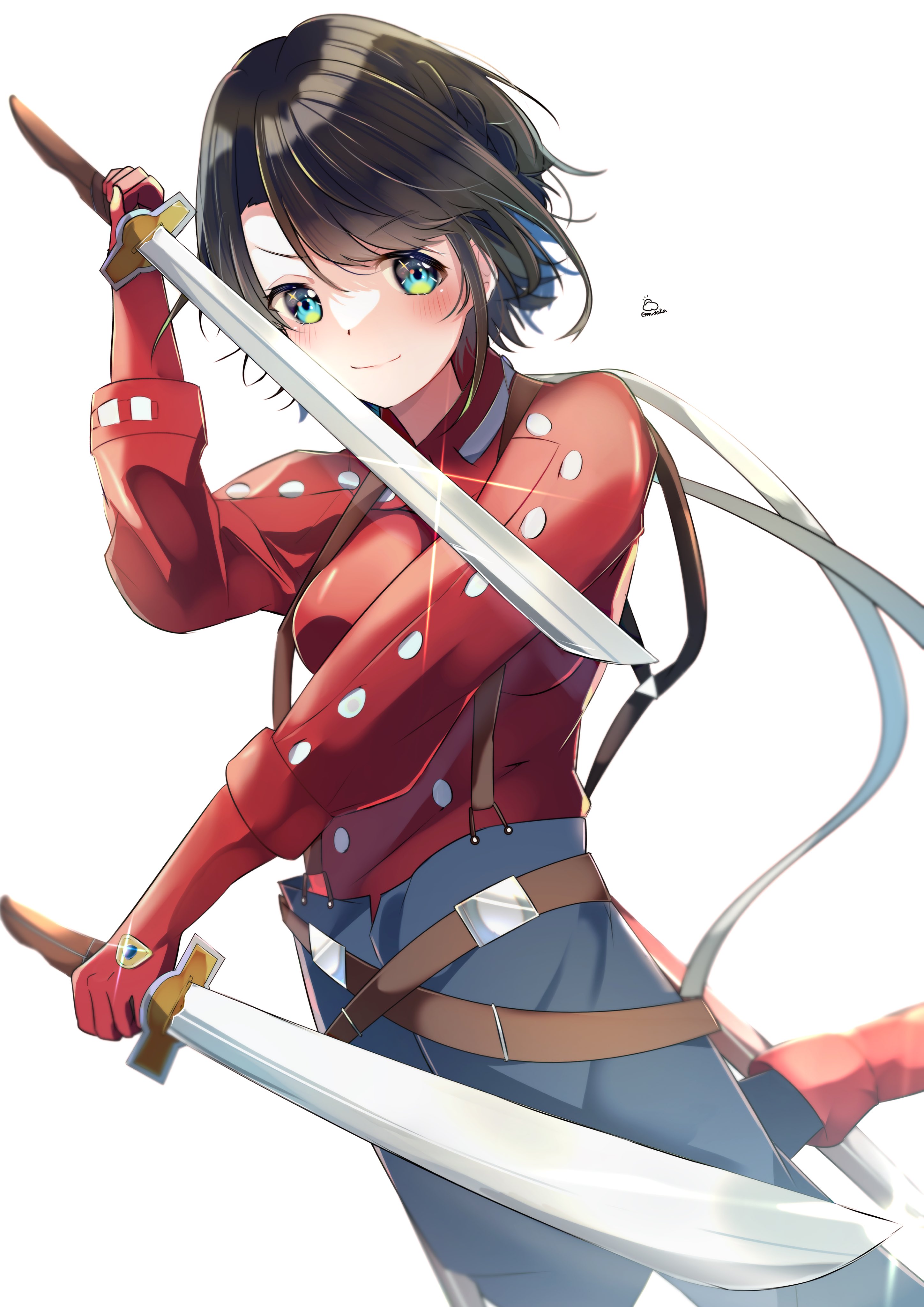 emutakanoe, lloyd irving, oozora subaru, hololive, tales of (series), tales of symphonia, absurdres, commentary request, highres, 1girl, artist name, belt, black hair, blue eyes, boots, braid, breasts, brown belt, closed mouth, cosplay, dual wielding, feet out of frame, gloves, hand up, holding, holding sword, holding weapon, large breasts, leg up, lloyd irving (cosplay), long sleeves, looking at viewer, multiple belts, pants, red boots, red gloves, red shirt, sheath, shirt, short hair, side braid, signature, simple background, smile, solo, suspenders, swept bangs, sword, virtual youtuber, weapon, white background