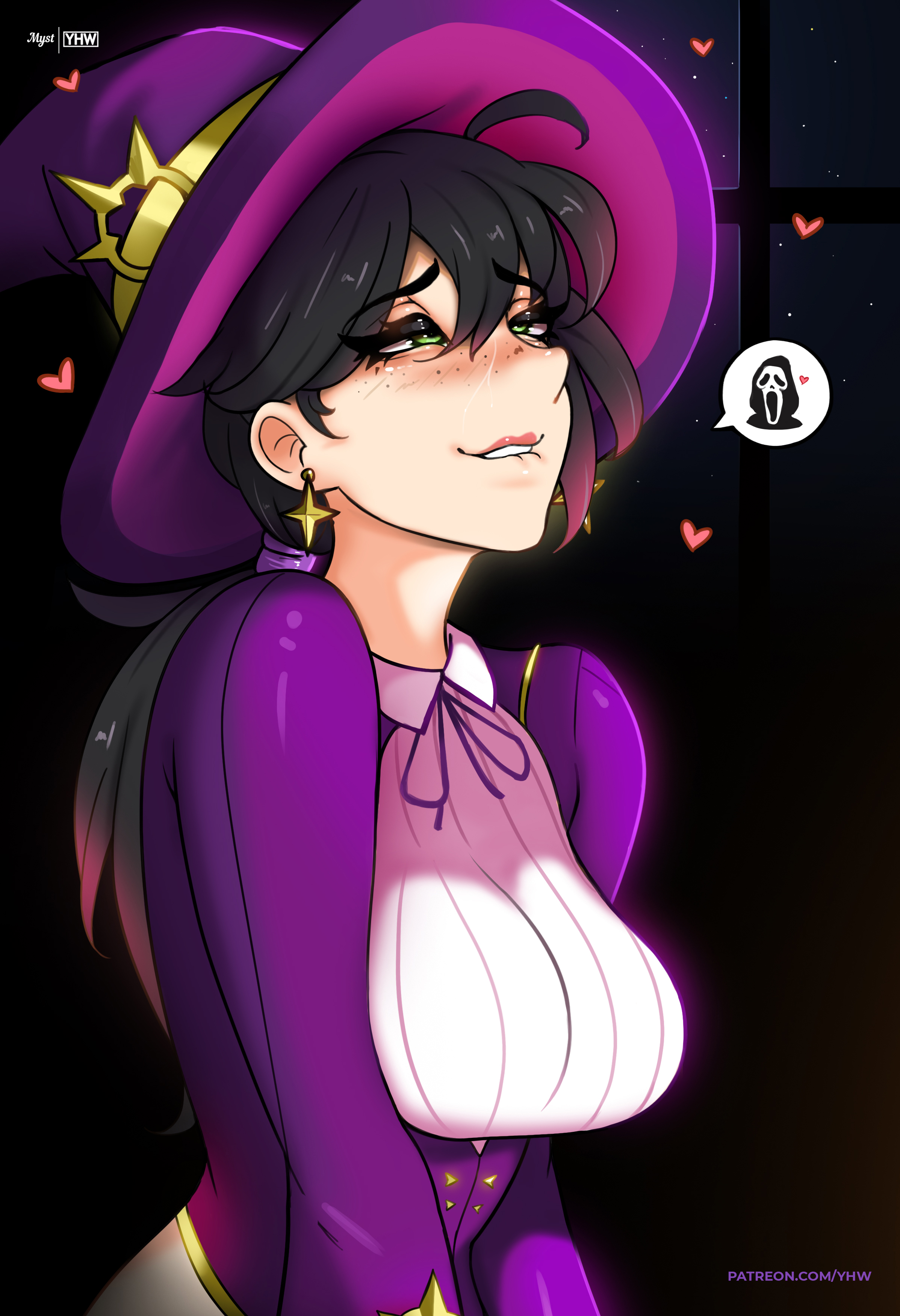 mystyhw, ghostface, helsie (fortnite), fortnite, absurdres, commentary, highres, 1girl, artist logo, biting own lip, black hair, breasts, collared dress, dress, earrings, freckles, green eyes, hair between eyes, hat, heart, helsie midnight, jacket, jewelry, large breasts, logo, long hair, long sleeves, low ponytail, neck ribbon, night, patreon username, pink lips, ponytail, purple hat, purple jacket, purple ribbon, ribbon, solo, white dress, wide sleeves, window, wing collar, witch, witch hat