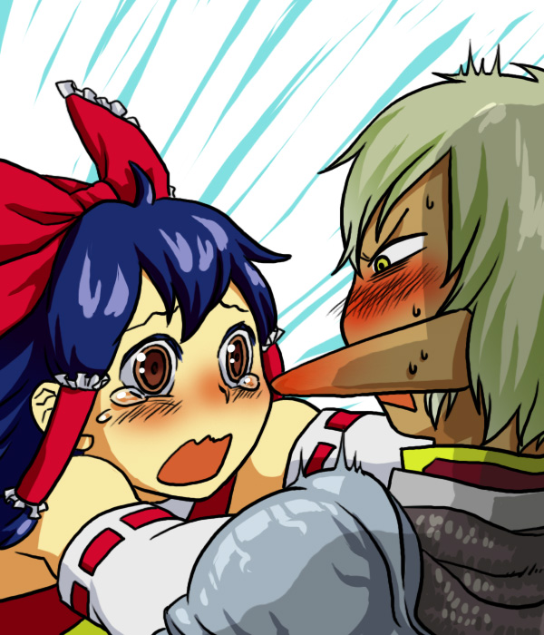 chakushin nashi, buront, elvaan, hakurei reimu, final fantasy, final fantasy xi, the iron of yin and yang, touhou, 00s, 1boy, 1girl, blush, couple, crossover, detached sleeves, elf, hetero, hug, japanese clothes, miko, pointy ears, tears