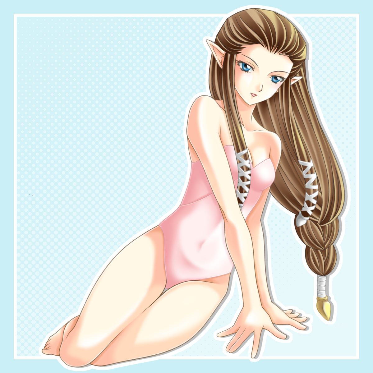 tamamon, princess zelda, nintendo, the legend of zelda, the legend of zelda: twilight princess, bad id, bad pixiv id, highres, 1girl, barefoot, blue eyes, breasts, brown hair, cleavage, female focus, hair ornament, long hair, medium breasts, one-piece swimsuit, pointy ears, smile, solo, swimsuit