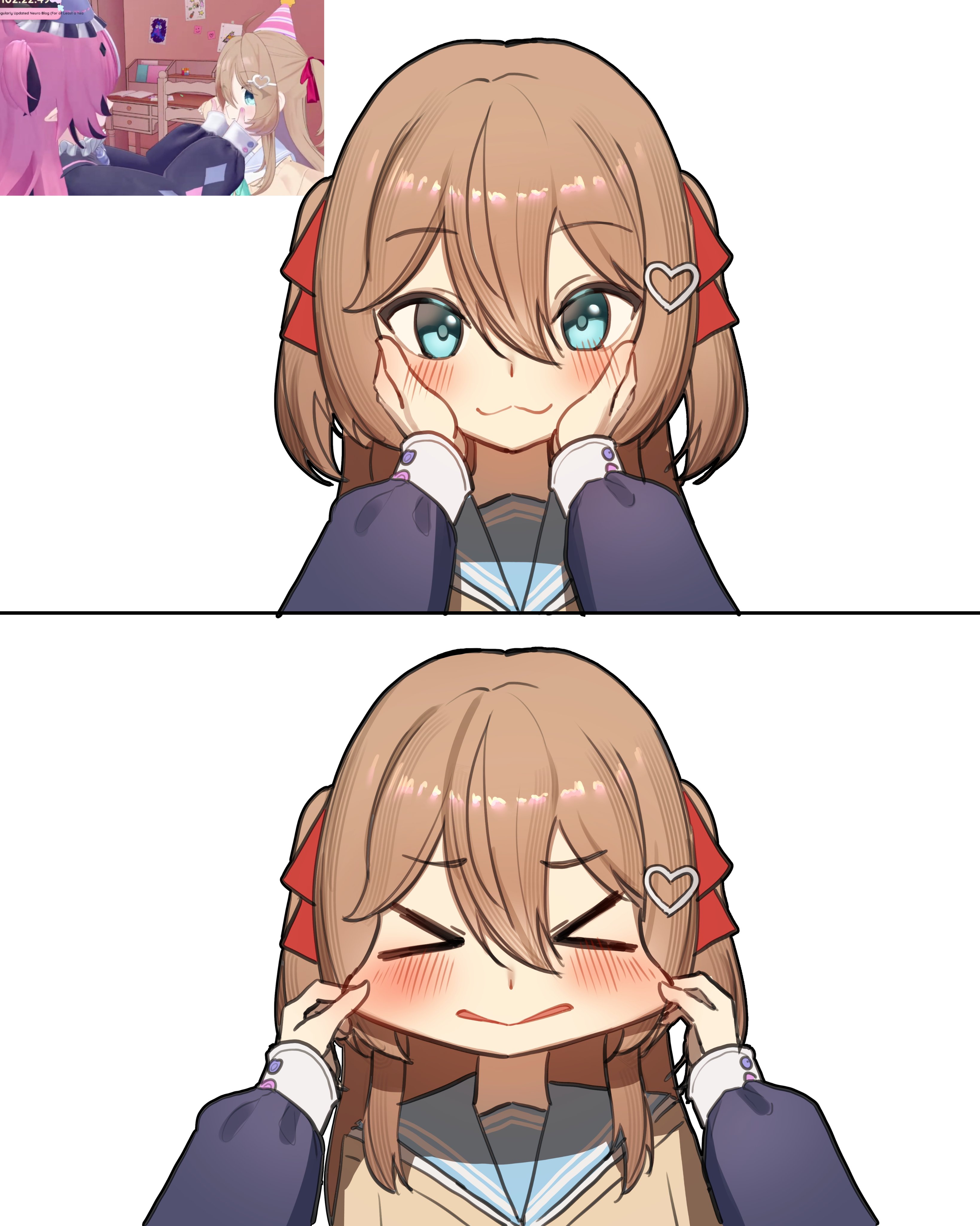 lavidi, camila (vtuber), neuro-sama, indie virtual youtuber, absurdres, commentary, english commentary, highres, > <, 2girls, blue eyes, blue sailor collar, cardigan, cheek pull, closed mouth, hair between eyes, hair ornament, hair ribbon, heart, heart hair ornament, long hair, looking at viewer, multiple girls, pov, red ribbon, ribbon, sailor collar, screenshot inset, simple background, smile, two side up, upper body, vedal ai, virtual youtuber, white background, yellow cardigan