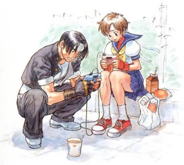 kasugano sakura, kusanagi kyou, capcom, snk, street fighter, the king of fighters, bad tag, lowres, tagme, 1boy, 1girl, snack