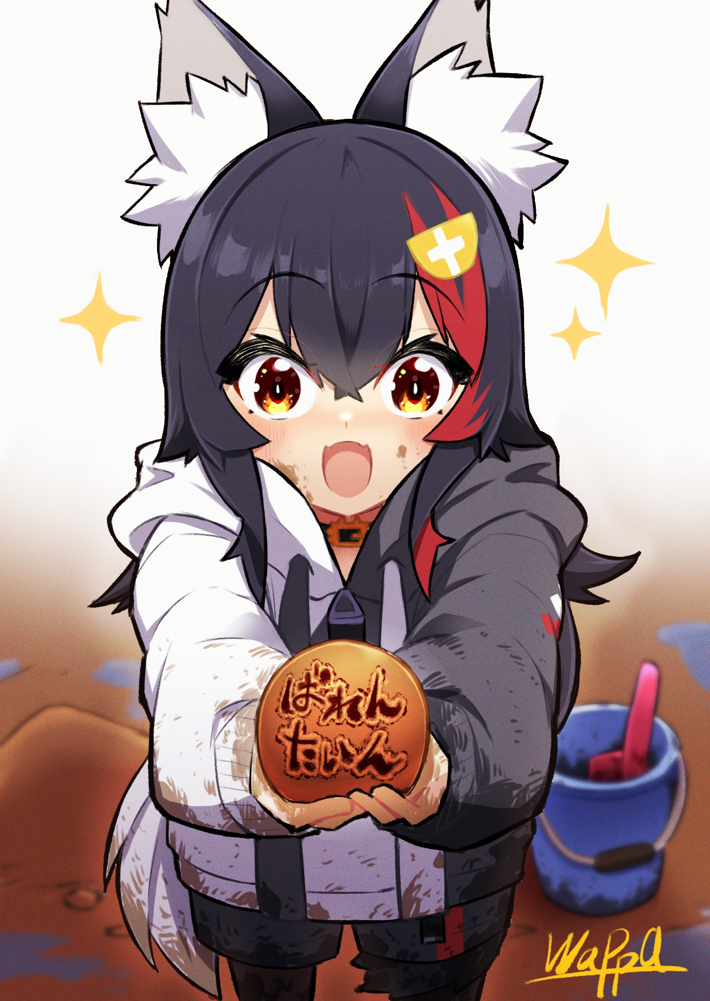 wappa, ookami mio, ookami mio (hoodie), hololive, commentary request, highres, 1girl, :d, animal ear fluff, animal ears, artist name, black hair, black hoodie, black shorts, dot nose, fangs, hair between eyes, hair ornament, holding, hood, hoodie, long hair, long sleeves, looking at viewer, multicolored hair, multicolored hoodie, official alternate costume, open mouth, puffy sleeves, red hair, sand, sandbox, shorts, skin fangs, smile, star (symbol), tail, tail around own leg, valentine, virtual youtuber, white hair, white hoodie, wolf ears, wolf girl, wolf tail, yellow eyes