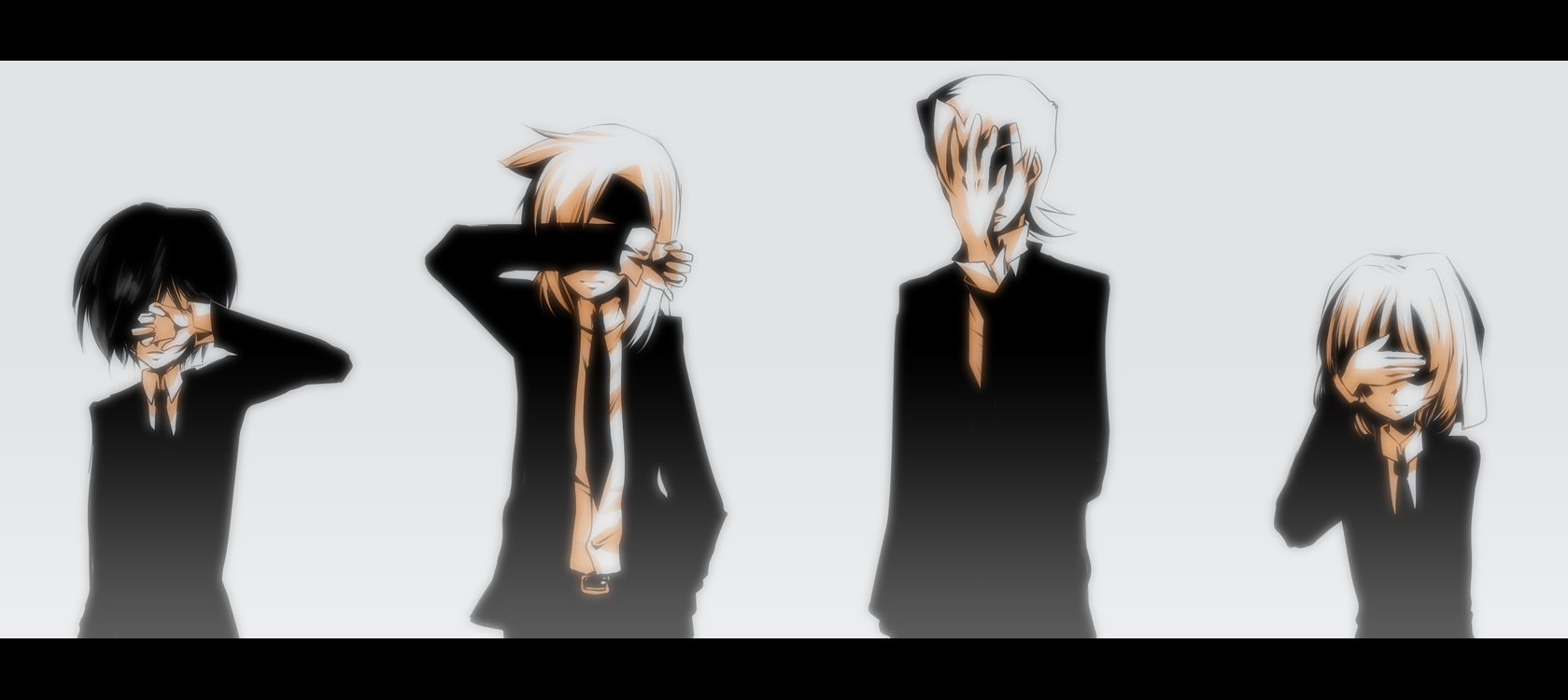 ang, bugsy (pokemon), eusine (pokemon), falkner (pokemon), morty (pokemon), nintendo, pokemon, pokemon hgss, highres, 00s, 4boys, ahoge, covering face, covering own eyes, covering privates, formal clothes, grey background, gym leader, headband, letterboxed, male focus, monochrome, multiple boys, necktie, orange theme, short hair, suit