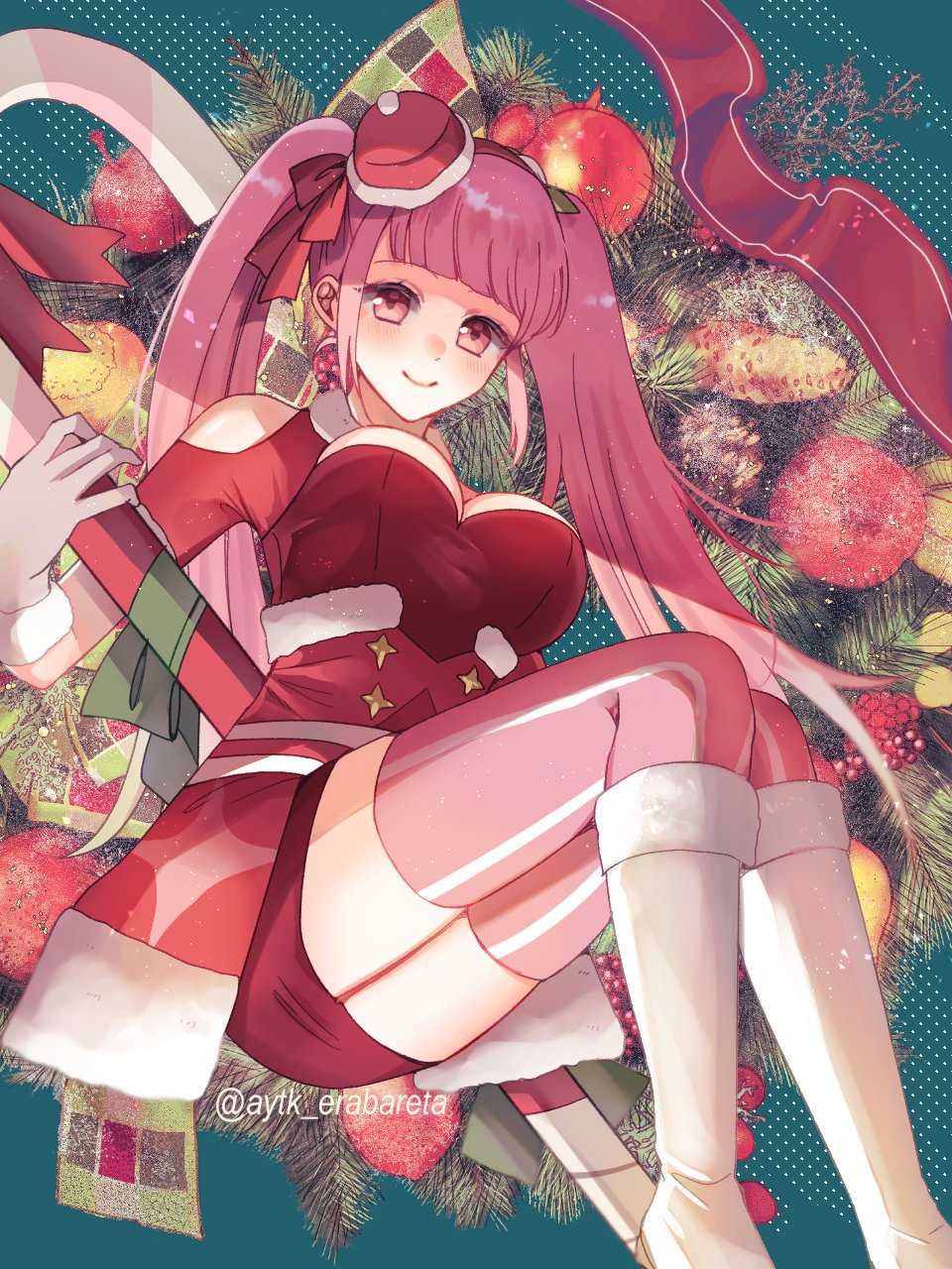aytk erabareta, hilda valentine goneril, hilda valentine goneril (winter), fire emblem, fire emblem: three houses, fire emblem heroes, nintendo, commentary request, highres, 1girl, aqua background, bare shoulders, blunt bangs, boots, breasts, candy, candy cane, cleavage, cleavage cutout, clothing cutout, earrings, feet out of frame, food, from below, fur-trimmed boots, fur-trimmed gloves, fur trim, gloves, jewelry, knee boots, large breasts, long hair, looking at viewer, looking down, official alternate costume, pink eyes, pink hair, pink thighhighs, pom pom (clothes), santa costume, short shorts, shorts, skindentation, smile, solo, striped clothes, striped thighhighs, thick thighs, thighhighs, thighs, vertical-striped clothes, vertical-striped thighhighs, white boots, white gloves