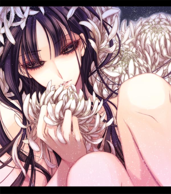 asahiko, bad id, bad pixiv id, tagme, 1girl, black hair, female focus, flower, long hair, solo
