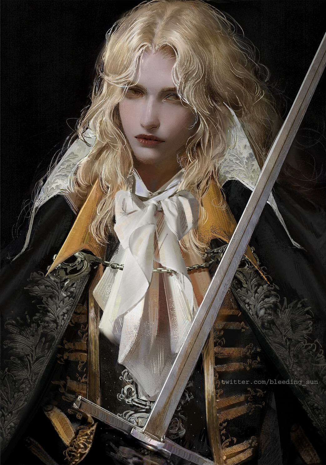 bleeding sun, alucard (castlevania), castlevania: symphony of the night, castlevania (series), commentary, english commentary, highres, 1boy, androgynous, ascot, black background, black cape, blonde hair, cape, closed mouth, coat, holding, holding weapon, looking to the side, male focus, parted hair, sideways glance, solo, sword, upper body, weapon, white ascot