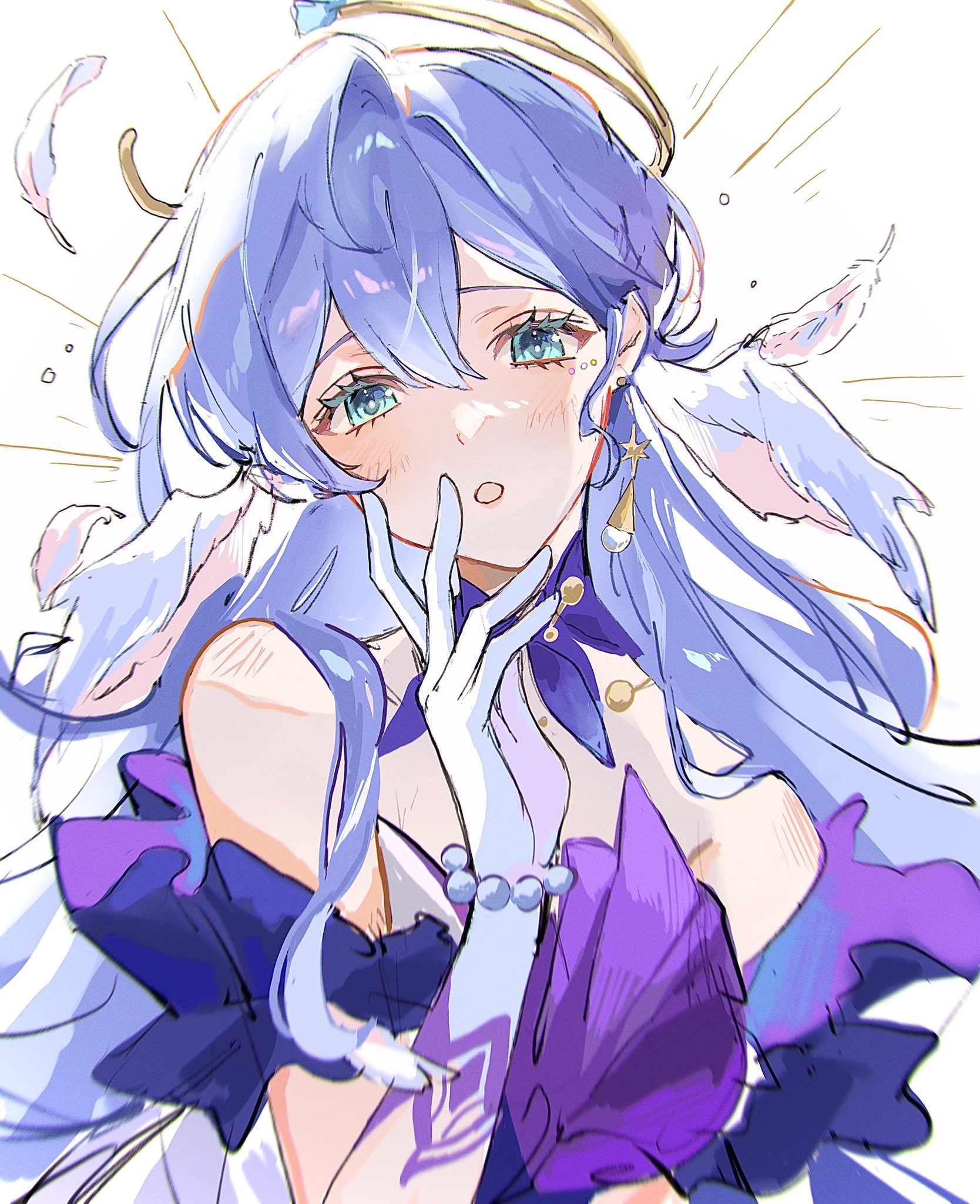 robin (honkai: star rail), honkai: star rail, honkai (series), commentary, highres, symbol-only commentary, blush, bracelet, choker, dress, earrings, feathers, frilled dress, frills, gloves, gold earrings, gold halo, halo, hand on own face, head wings, jewelry, long hair, pearl bracelet, purple choker, star (symbol), star earrings, white gloves, white hair, white wings, wings, yayu yyo430