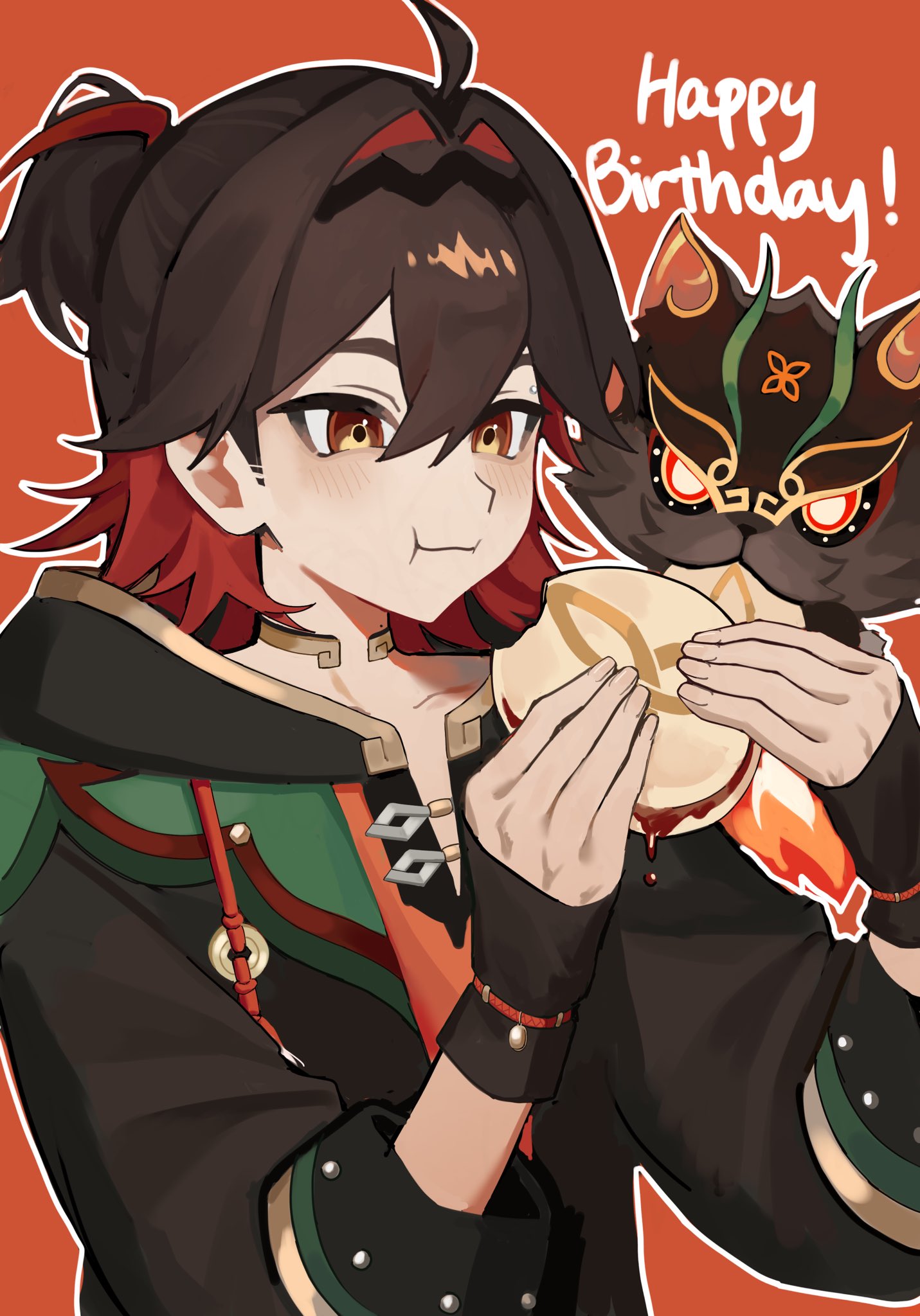 gaming (genshin impact), man chai (genshin impact), genshin impact, commentary request, highres, ahoge, creature, eating, fingerless gloves, food, gloves, happy birthday, holding, holding food, jacket, kurokun1025, long sleeves, multicolored hair, ponytail, red background