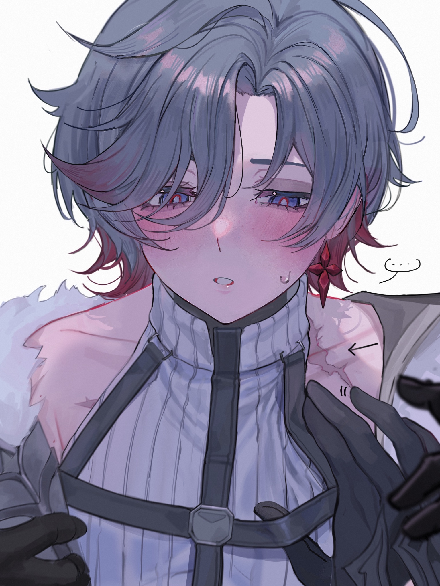 flins (genshin impact), illuga (genshin impact), genshin impact, hashtag-only commentary, highres, …, 2boys, arrow (symbol), black gloves, blue eyes, blush, chest harness, collarbone, earrings, eskargot19 11, gloves, hair between eyes, hand on another's chest, harness, jewelry, male focus, multicolored hair, multiple boys, open mouth, pov, pov hands, red hair, scar, scar on chest, short hair, simple background, single earring, sleeveless, sleeveless turtleneck, solo focus, spoken ellipsis, sweatdrop, sweater, turtleneck, turtleneck sweater, upper body, white background, white sweater